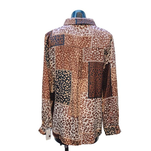 NWT A.Z.I Animal Print Button-up Blouse Faux Leather Shoulder Details Size L - Picture 3 of 8